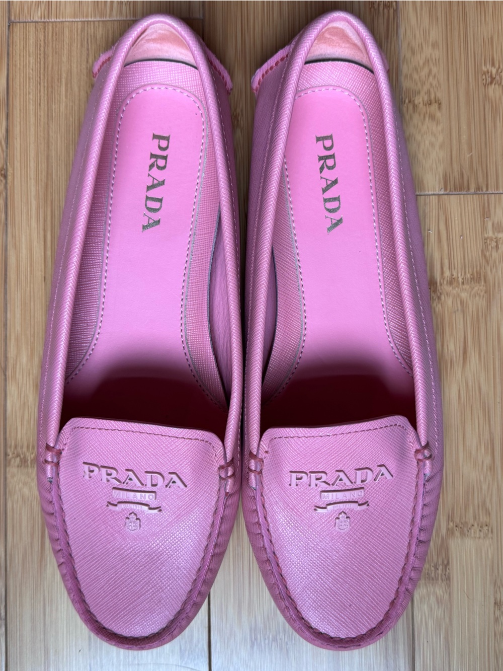 Authentic Prada Pink Saffiano Leather Driving Loafers - Size 39.5